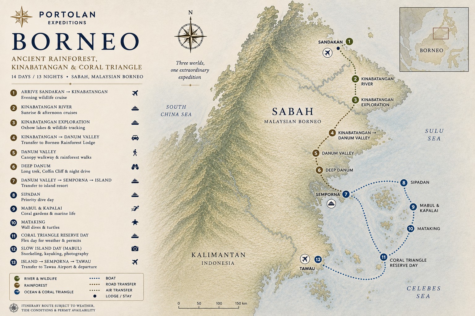 Карта маршруту експедиції «Борнео»: приліт до Sandakan, річка Kinabatangan, трансфер у первинний ліс Danum Valley, транзитна ніч у Semporna, морський фінал на островах Sipadan, Mabul, Kapalai і Mataking, виліт із Tawau