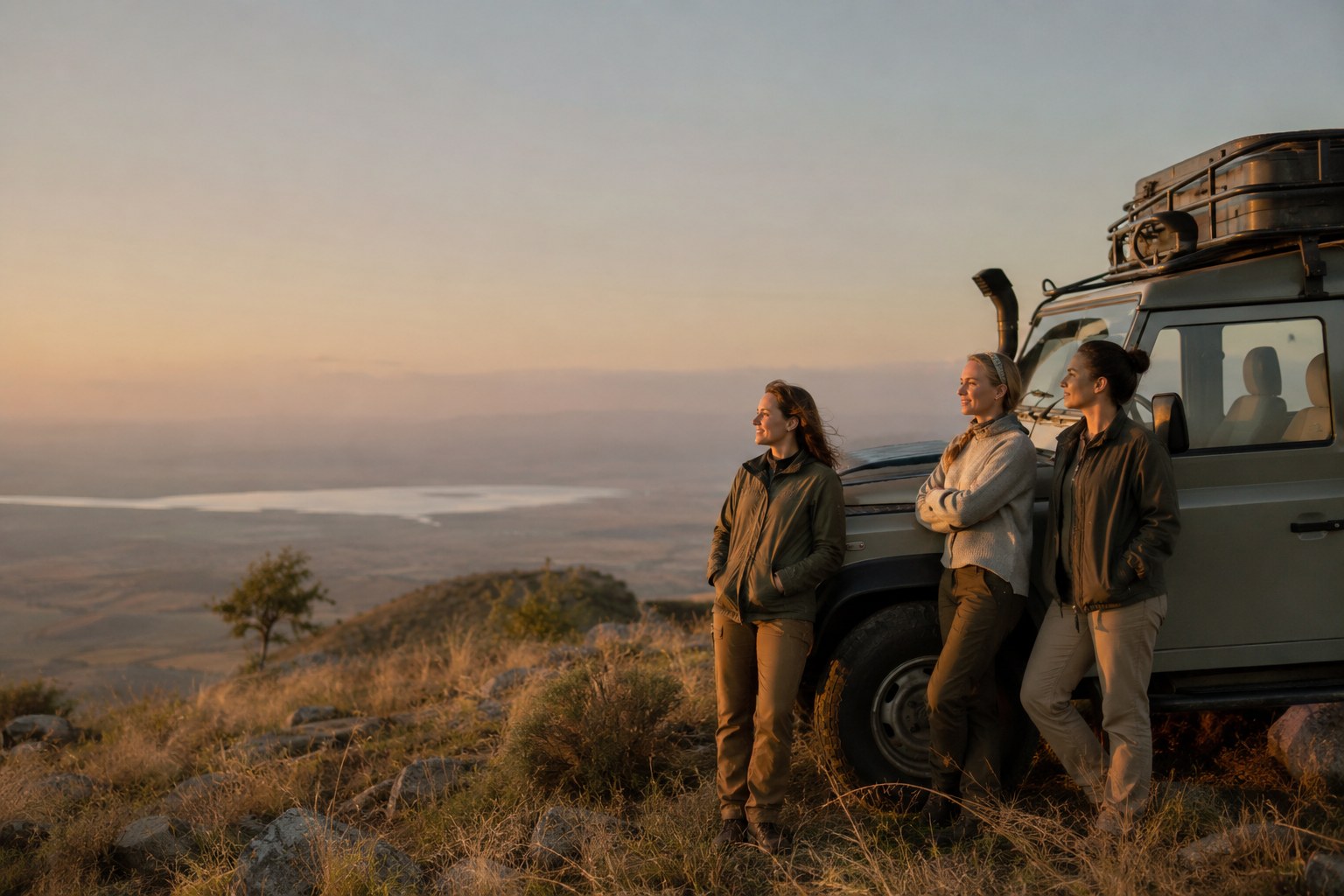 Три гідеси Portolan Expeditions дивляться на кратер Нгоронгоро на світанку, стоячи біля позашляховика